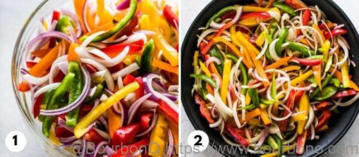 Arrange the chopped onions and peppers for the first layer